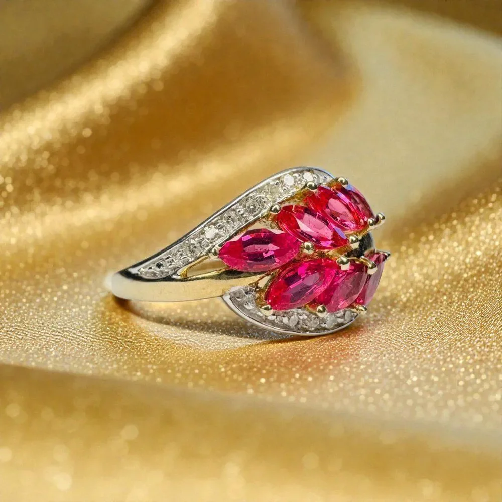VINTAGE- 10K Gold- Marquise Ruby & Diamond Ring -Size 8- 1.35cttw Leaf Ring 3g